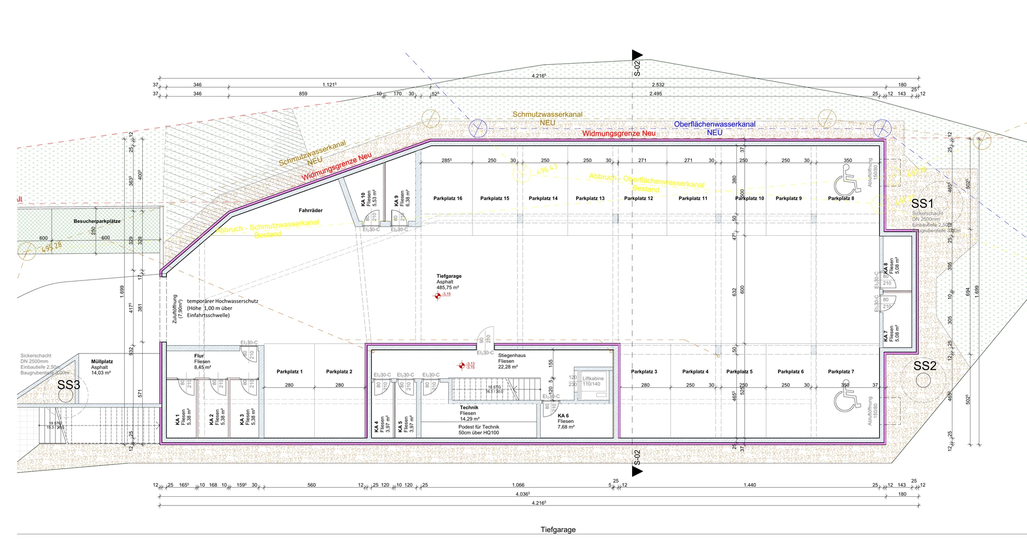 Einreichplan der Tiefgarage mit 16 Stellplätzen, zehn Kellerabteilen, Technikraum, Stiegenhaus mit Lift, Fahrradabstellbereich und Müllplatz